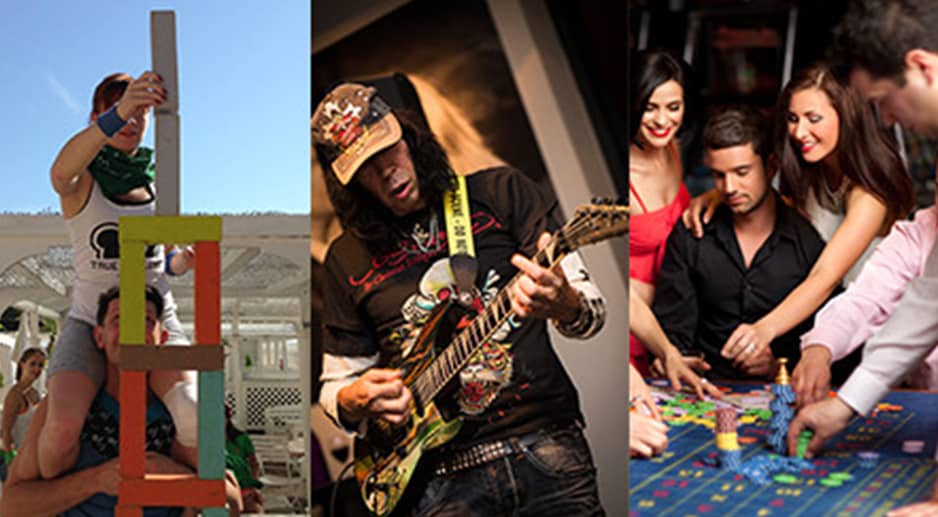 Des personnes faisant un team building, puis une autre photo avec un guitariste et une autre photo avec des personnes jouant au casino