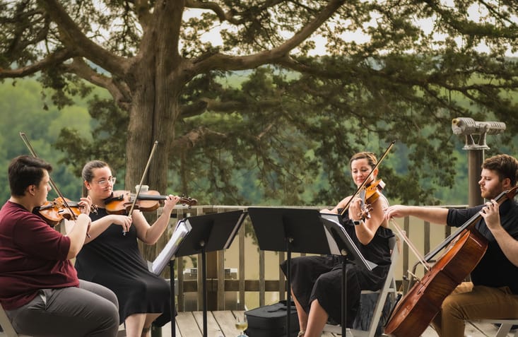 Quatuor à cordes de deux jeunes hommes et deux jeunes femmes jouant un concert sur une terrasse en bois au-dessus de la rivière un soir d'été