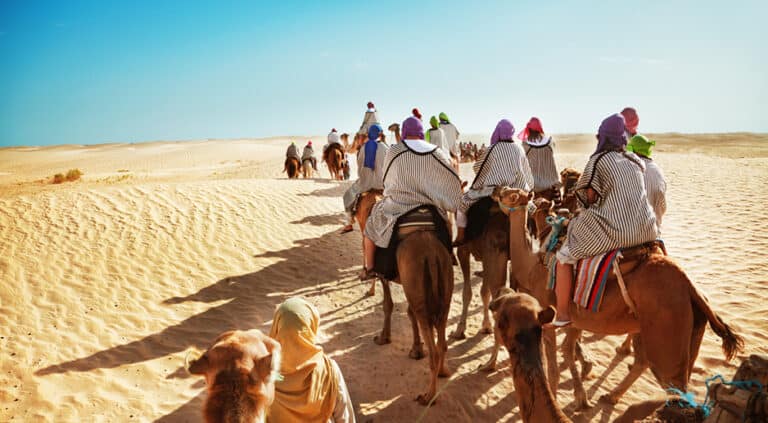 Un grupo de empleados de una empresa en el desierto en camello para un viaje de incentivo
