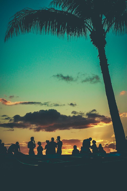 Des salariés d'une entreprise faisant la fête de plage au coucher du soleil hawaïen de style rétro