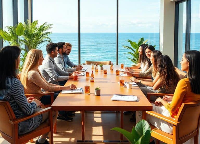 Une grande réunion de groupe dans une salle de conférence chaleureuse au bord de la mer.