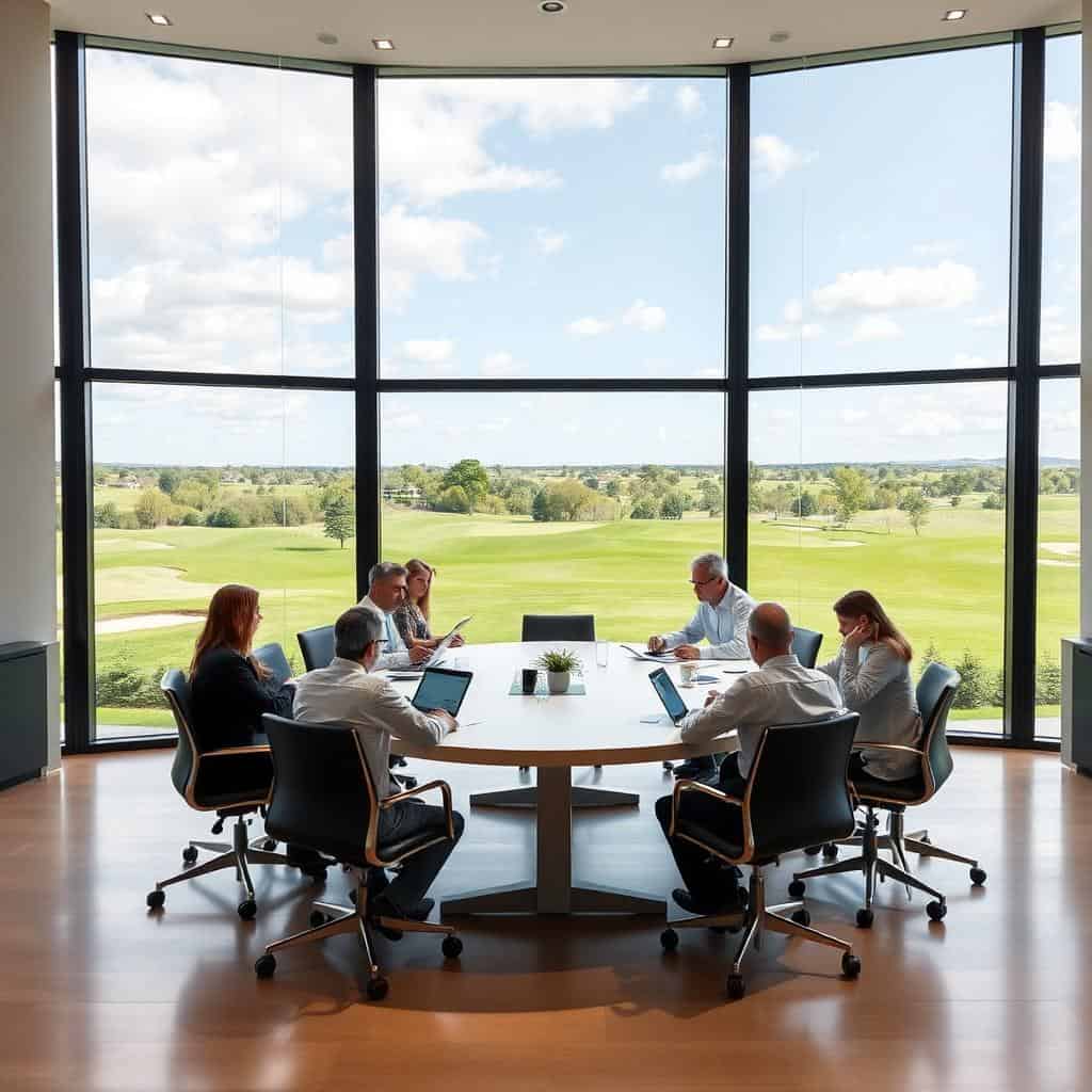 Seminar participants at a modern conference table overlooking the golf course.