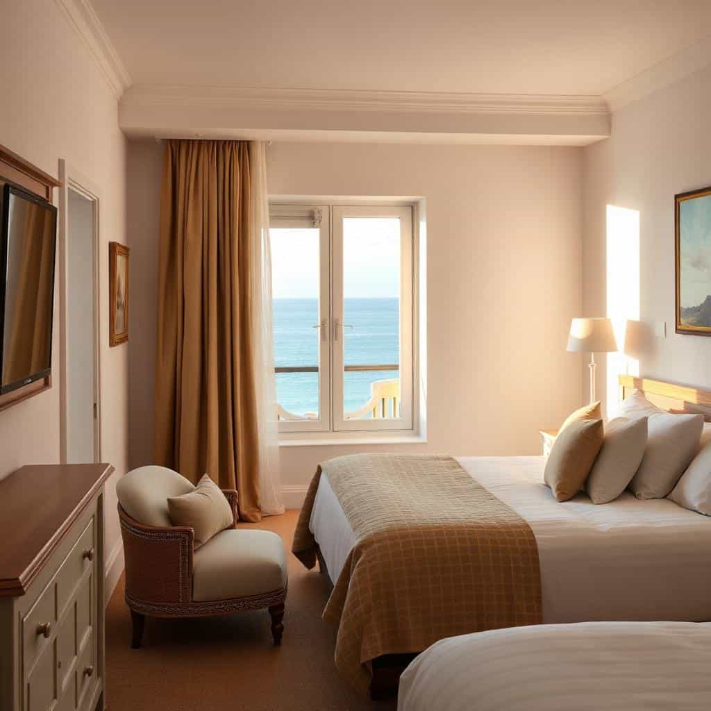 Chambre d'hôtel confortable avec vue sur l'océan basque.