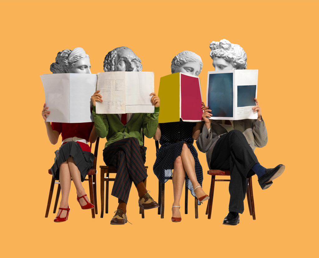 Des gens, des hommes et des femmes avec une tête de statue antique assis sur des chaises et lisant des journaux, des magazines.