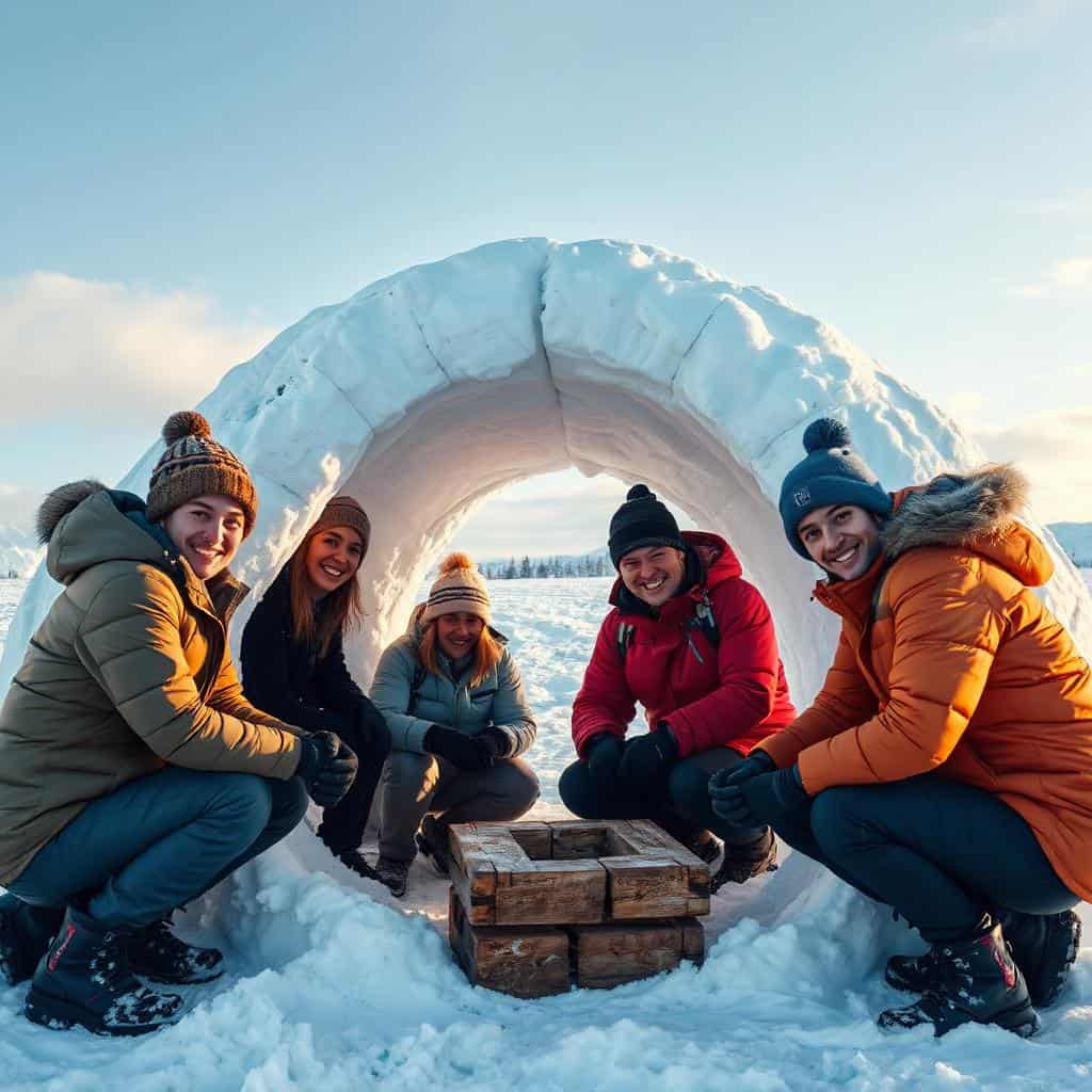 Une scène de team building avec des gens construisant un igloo.