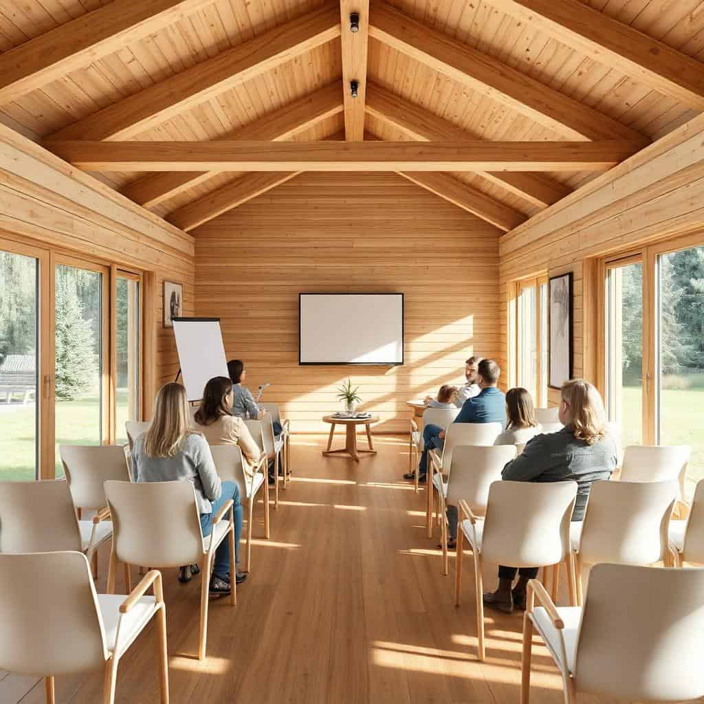 Séminaire dans un chalet naturel aux couleurs claires et aux accents boisés.