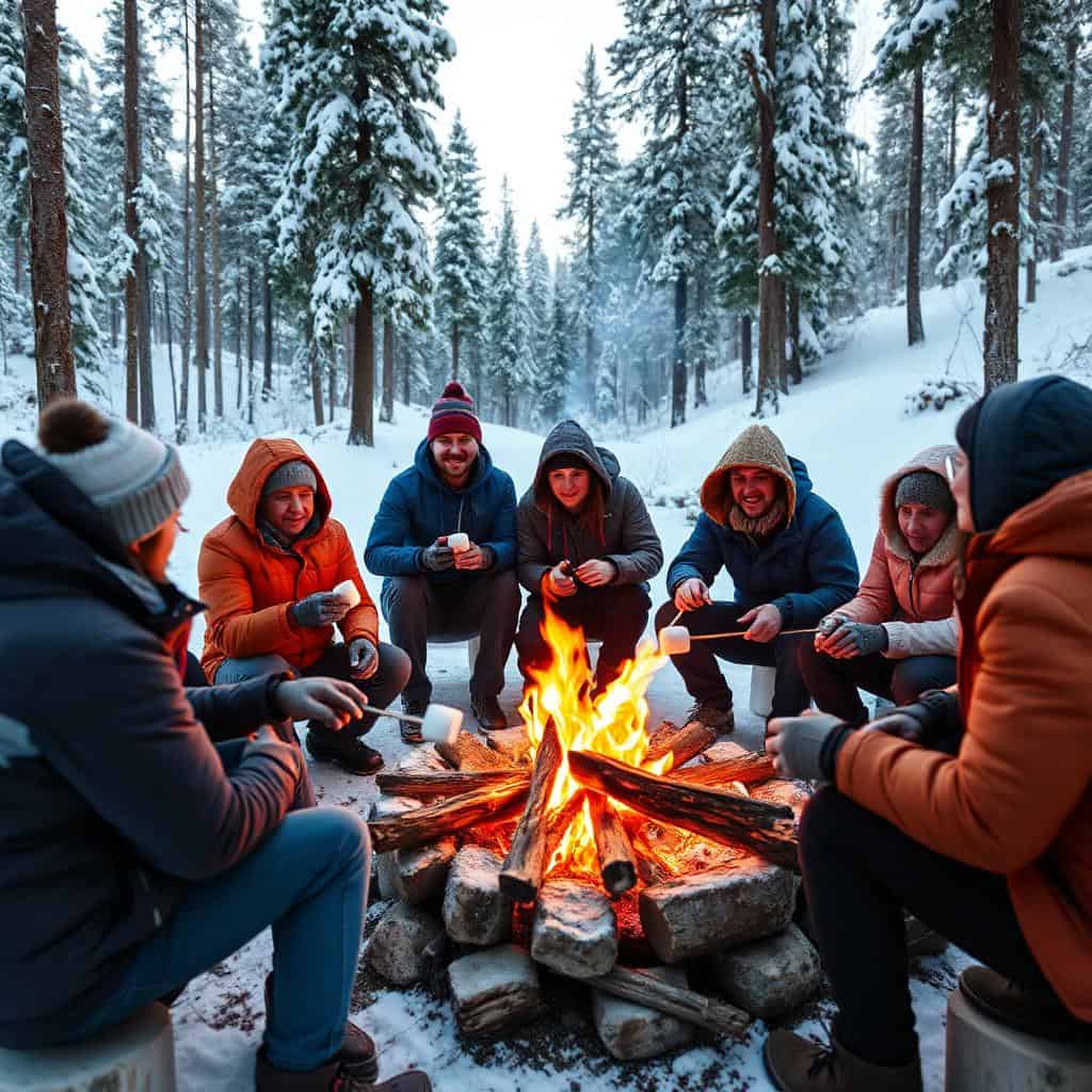Team building avec des personnes faisant griller des guimauves dans la neige.
