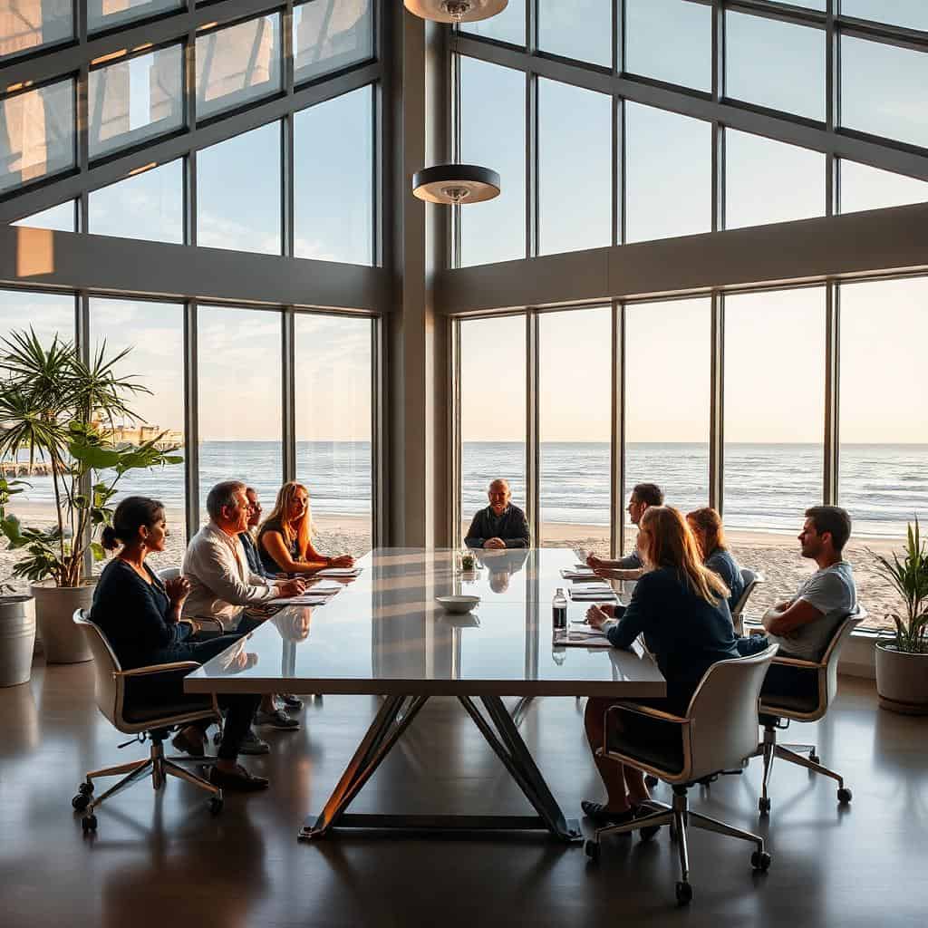 Séminaire en bord de mer avec des personnes dans une salle de réunion moderne et chaleureuse avec paroi vitrée et vue sur la plage.