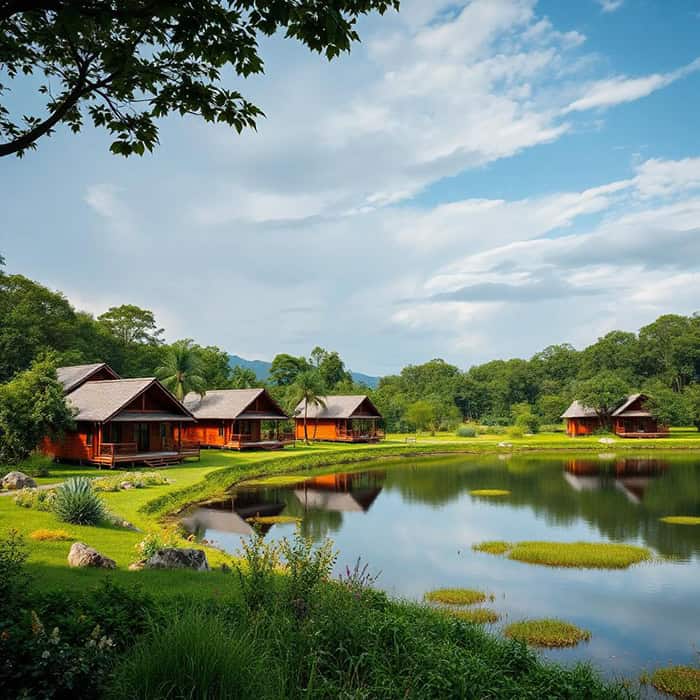 Une scène d'éco-lodges luxueux au bord d'un lac en pleine nature.