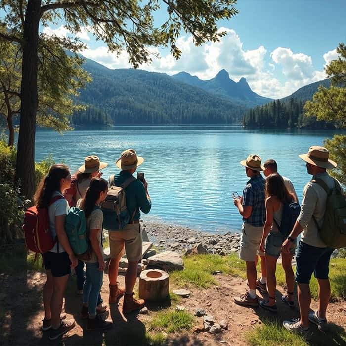 Voici une scène de 10 personnes à la recherche d'un trésor au bord d'un magnifique lac.