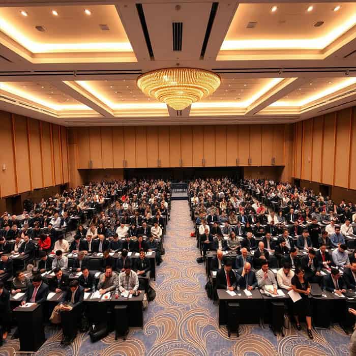 Se trata de una gran sala de conferencias moderna llena de gente.