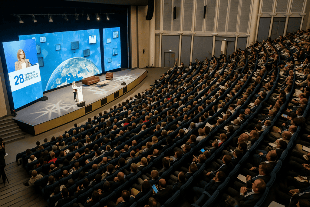 Vue en plongée d’un congrès professionnel dans un auditorium moderne, avec une conférencière sur scène devant un mur d’écrans digitaux, face à un public nombreux assis en gradins, tous en tenue de travail, lors d’un événement d’entreprise ou conférence internationale.