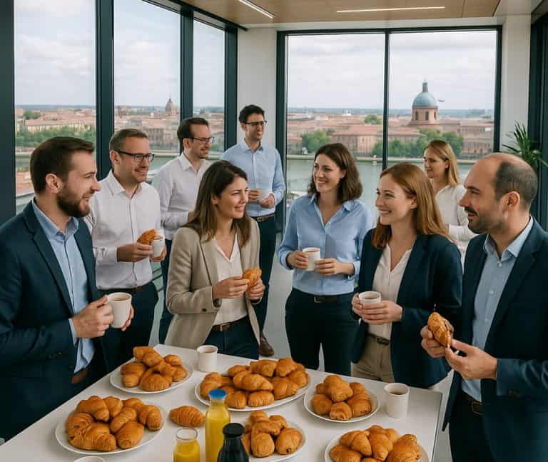 A dozen people in a modern corporate dining room are having a standing breakfast with lots of croissants, fruit juice, cheese, and pastries. The dining room is located on a rooftop overlooking the city of Toulouse.