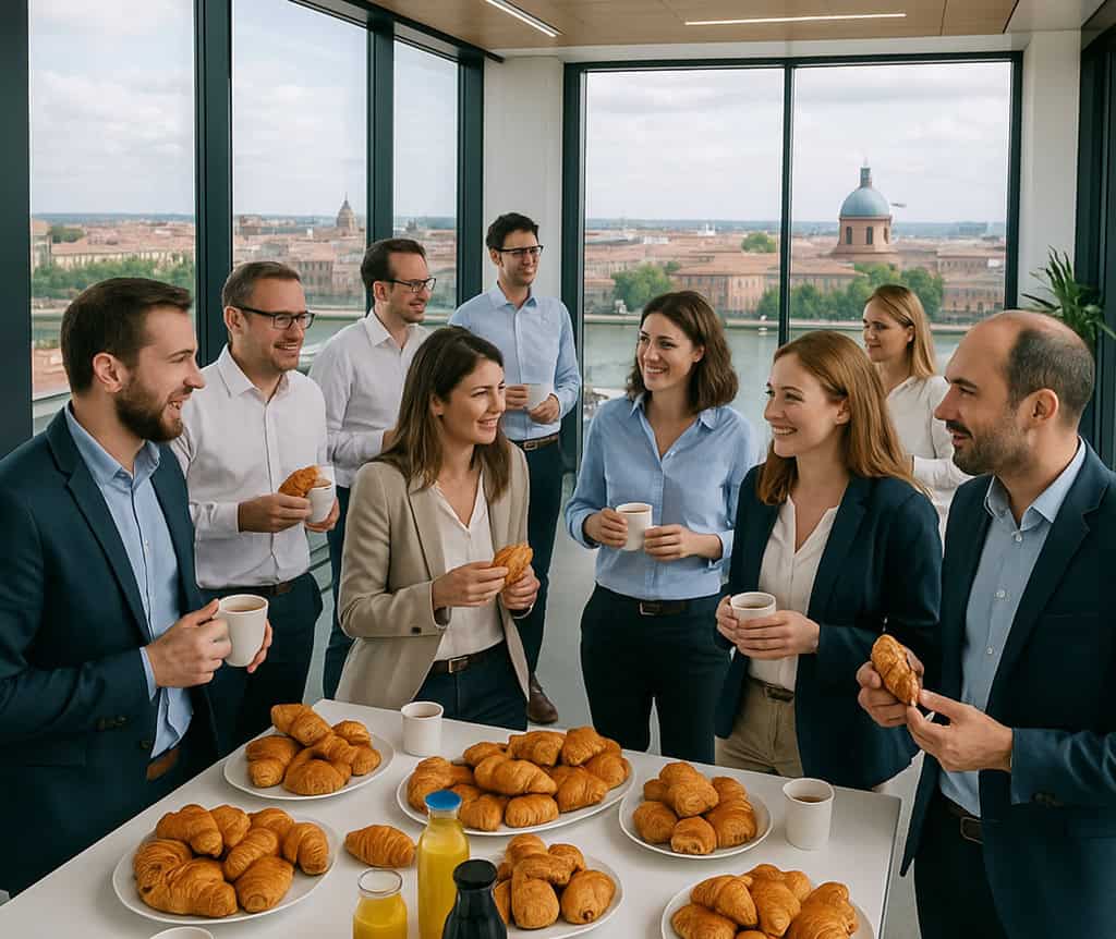 Une dizaine de personnes dans une salle moderne d'une entreprise en train de prendre un petit-déjeuner debout avec pleins de croissants, jus de fruits, cagé, viennoiserie. La salle en située sur un rooftop qui domine la ville de toulouse.