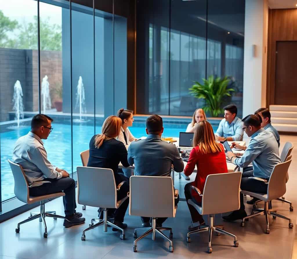 Des gens travaillant autour d'une table avec vue sur la piscine