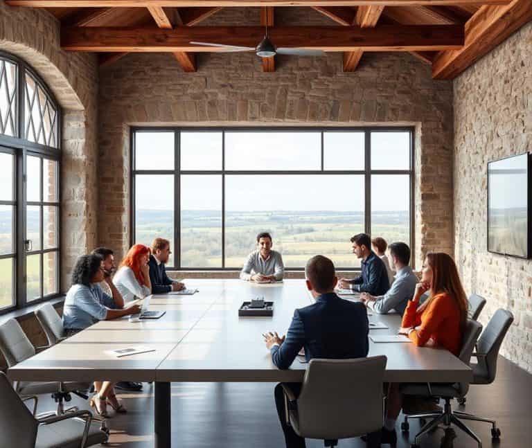 About ten people in a meeting room working around a modern table in a guesthouse.