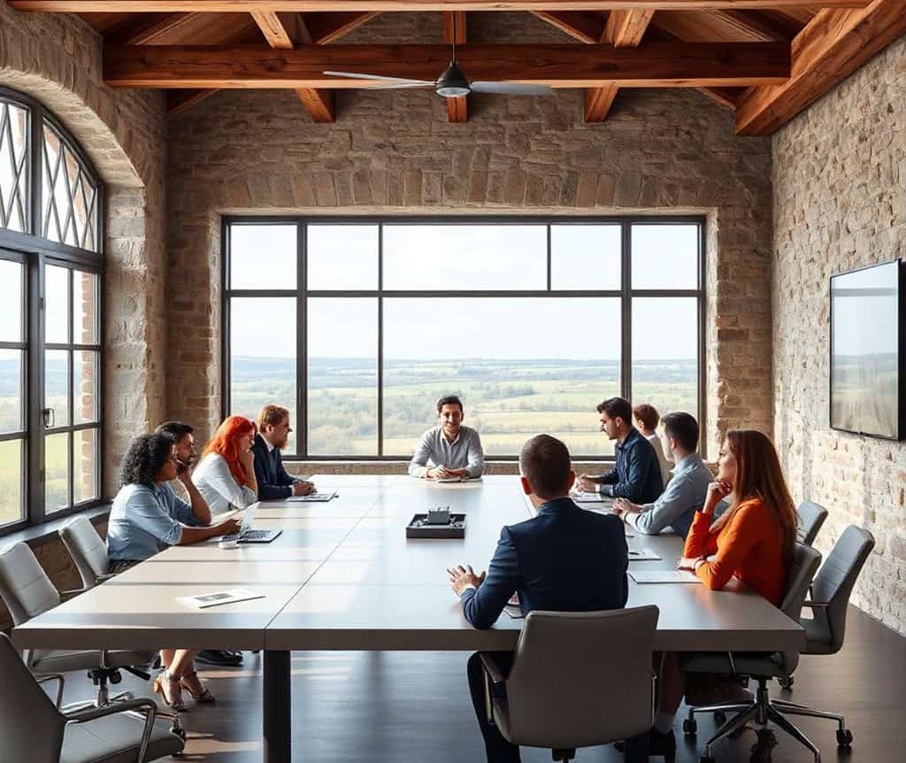 Une dizaine de personnes dans une salle de réunion en train de travailler autour d'une table moderne dans une chambre d'hôte.