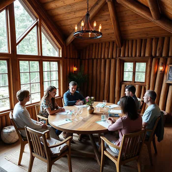 Un groupe de personnes en train de faire un séminaire dans une cabane éco-lodge.