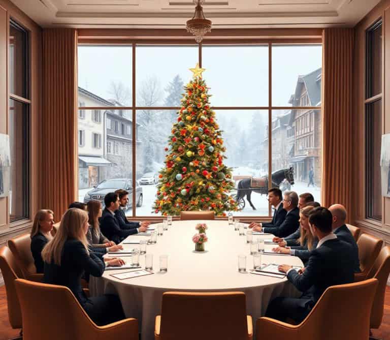 Aquí tienes una sala de seminarios con nieve, Navidad y un coche de caballos.