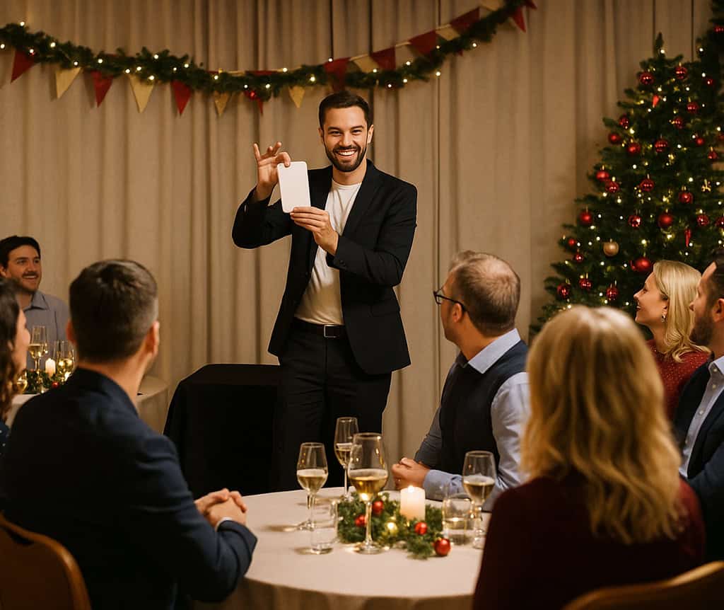 Des personnes en train d'assister à un spectacle de magie lors d'une soirée entreprise de noël.