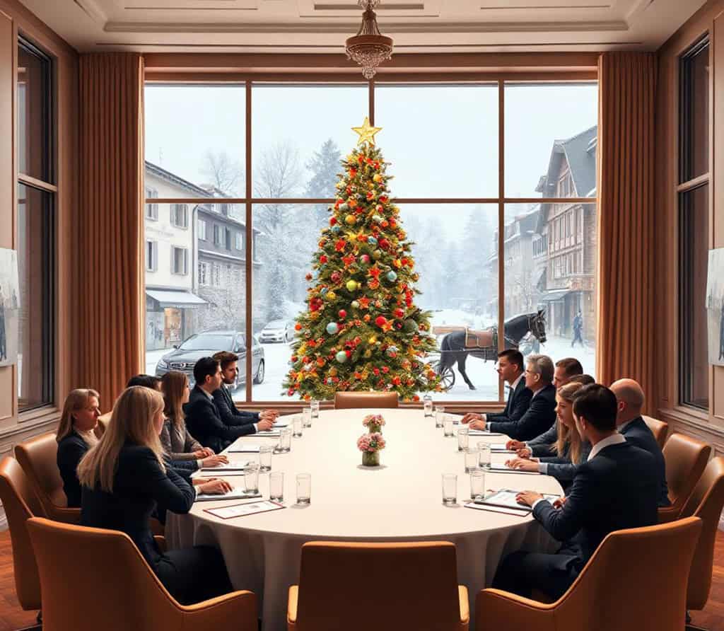 Voici une salle de séminaire avec neige, Noël et calèche.