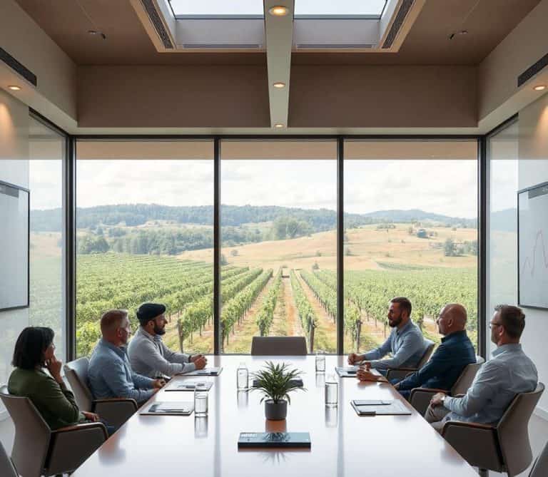 Des personnes dans une salle de réunion moderne avec vue sur le vignoble