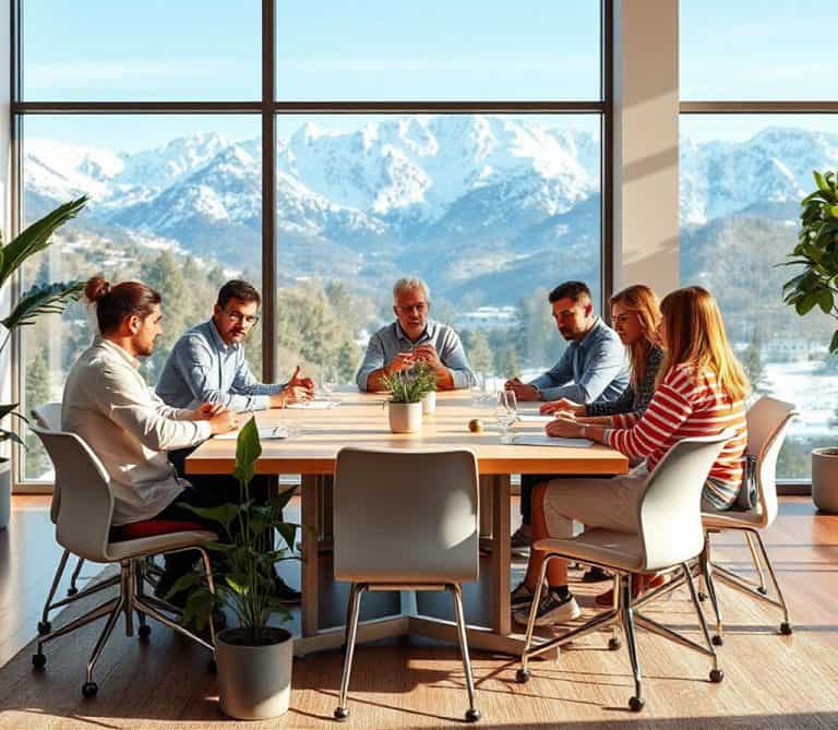 A modern meeting room with people and a view of the snow-covered mountains