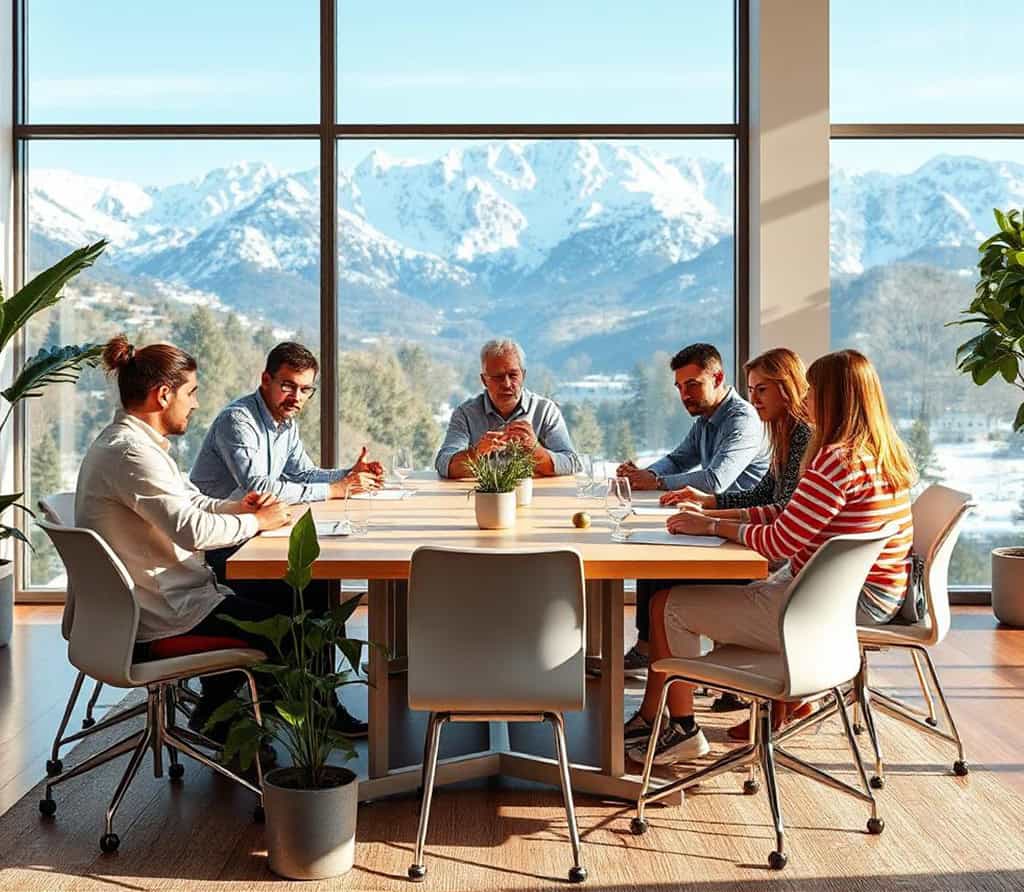 Une salle de réunion moderne avec des gens et une vue sur la montagne enneigée