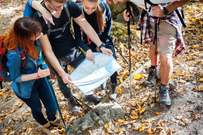 Groupe de collègue lors d'une course d'orientation en forêt