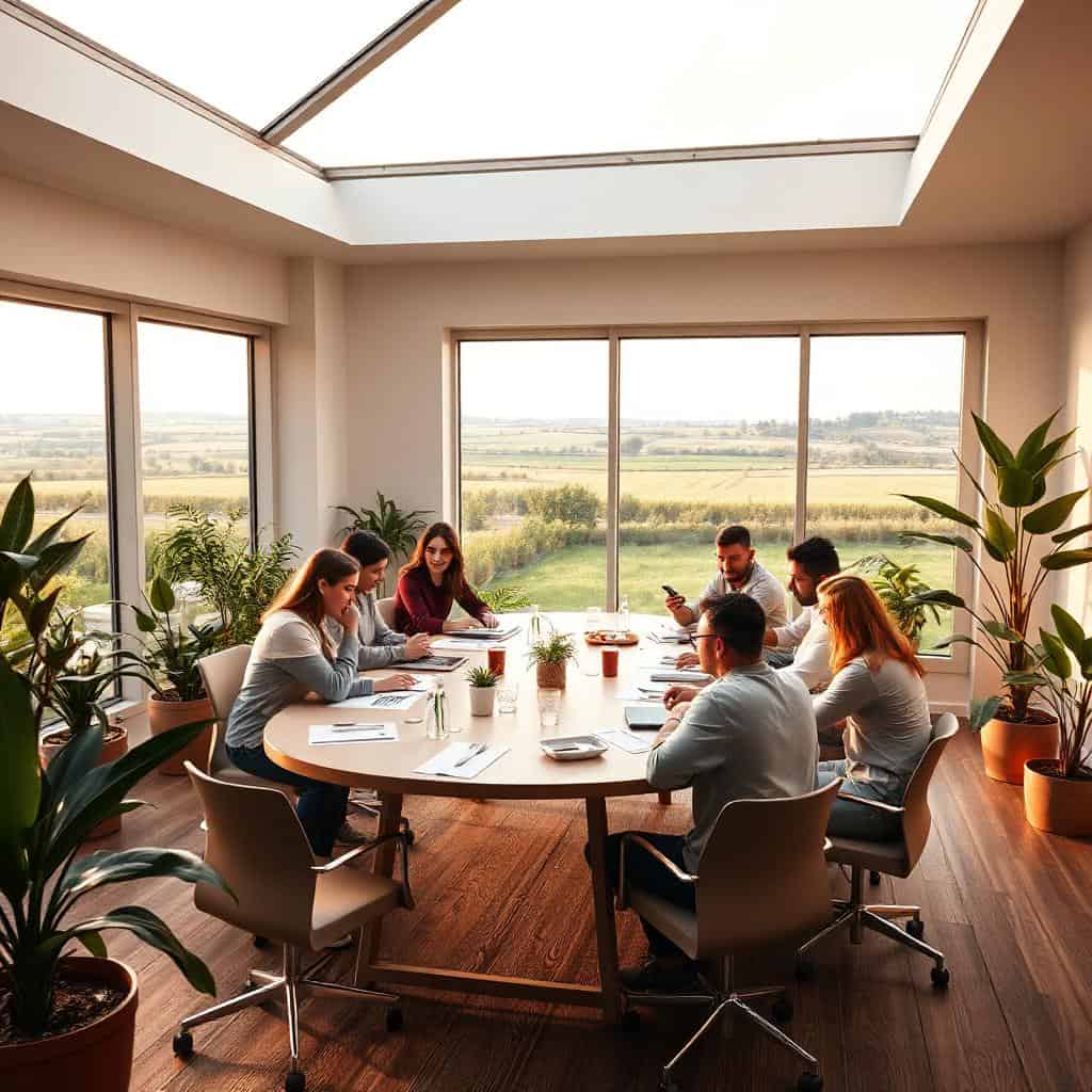 Salle de séminaire moderne et chaleureuse avec des plantes et dix personnes travaillant avec vue sur la campagne.