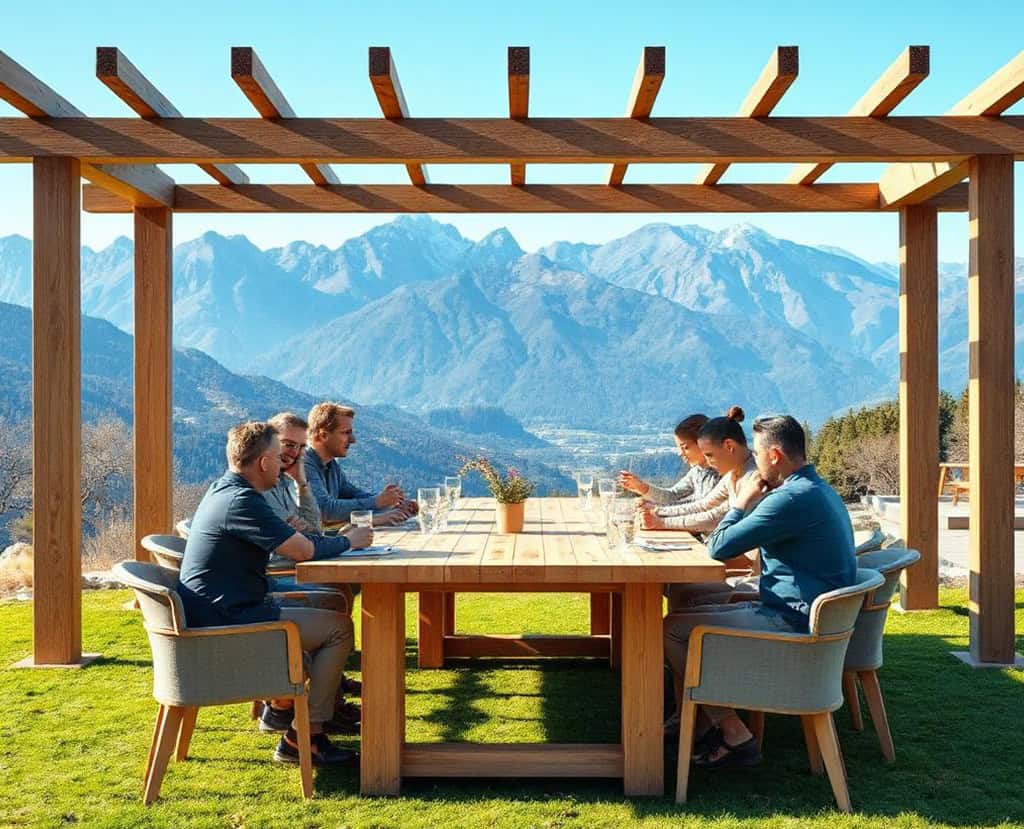 Un grupo de diez adultos en una moderna sala de reuniones de madera al aire libre bajo una pérgola con vistas a la montaña.