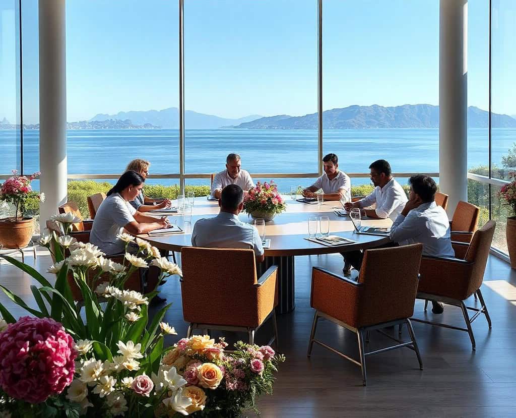 Personas en una moderna sala de conferencias de estilo mediterráneo con vistas al mar