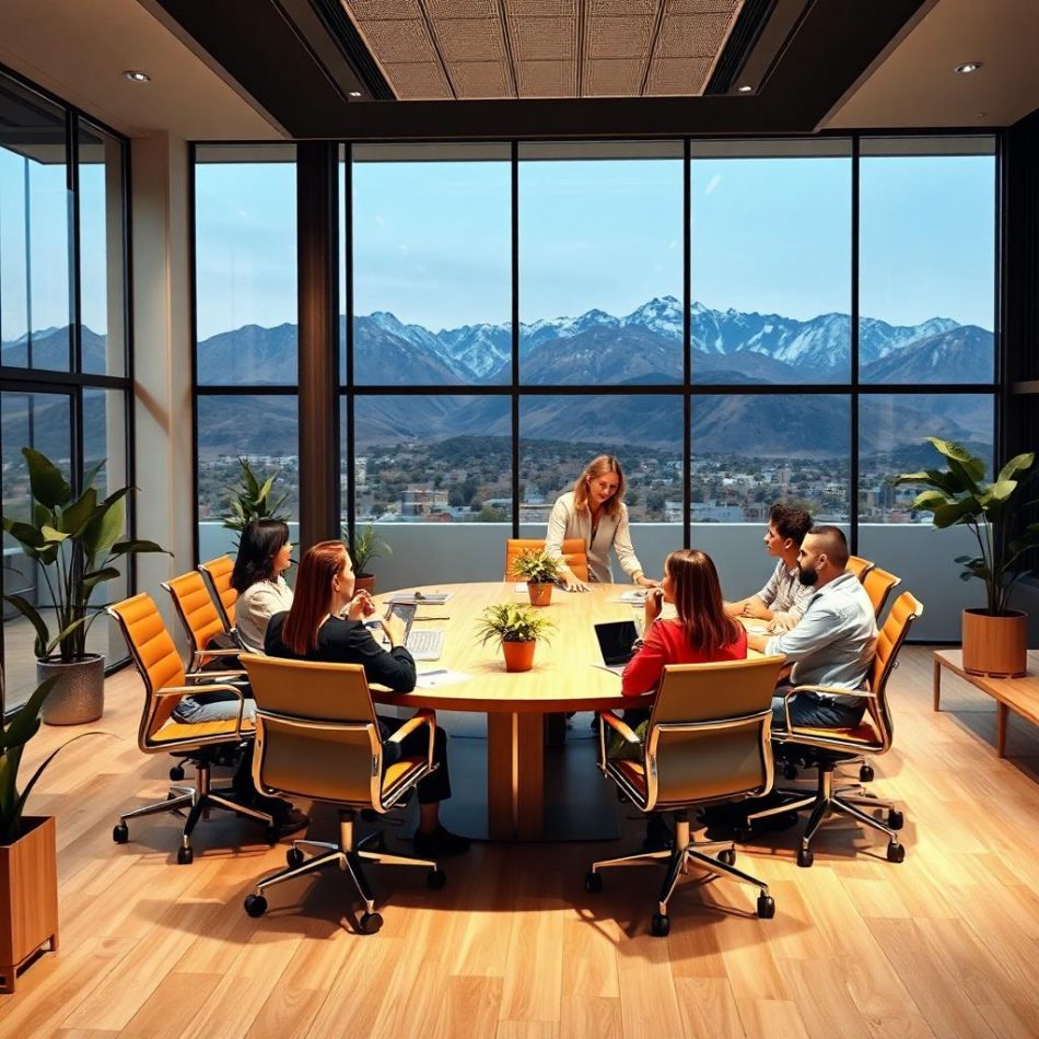 Un grupo de personas en un seminario en una sala de reuniones con vistas a las montañas.