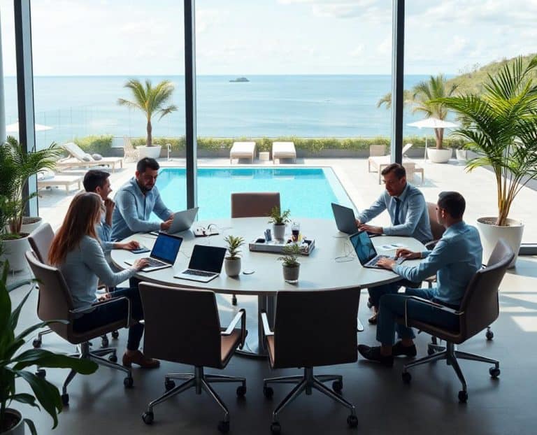 Image de collègues travaillant dans une salle de séminaire moderne avec vue sur la terrasse.