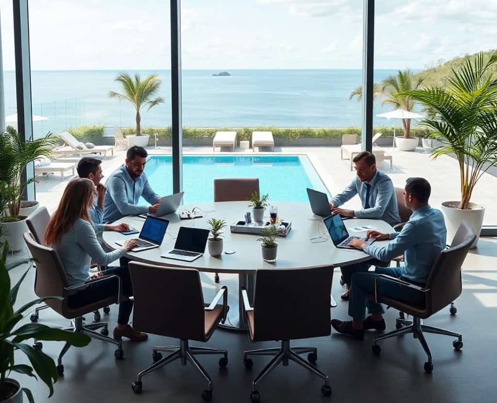 Image de collègues travaillant dans une salle de séminaire moderne avec vue sur la terrasse.