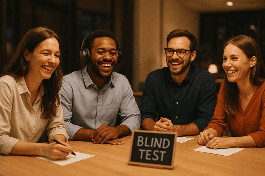4 collaborateurs participant à un blind test entreprise