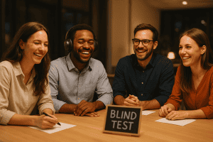 4 collaborateurs participant à un blind test entreprise