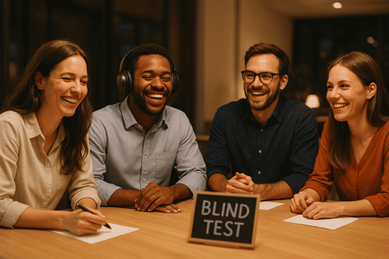 4 collaborateurs participant à un blind test entreprise