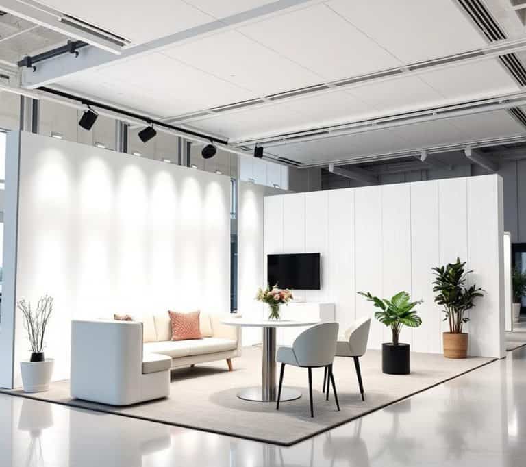 Vue d'un stand conçu sur-mesure. Cloisons blanche avec tables et canapés.