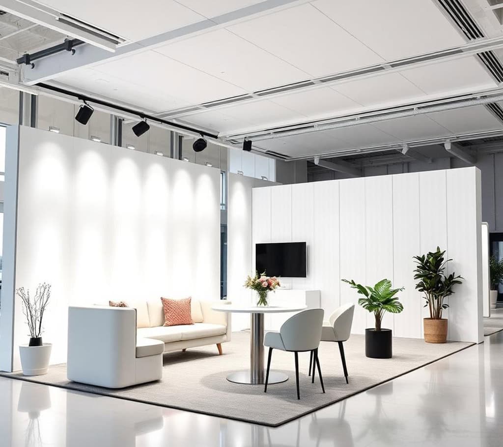 Vue d'un stand conçu sur-mesure. Cloisons blanche avec tables et canapés.